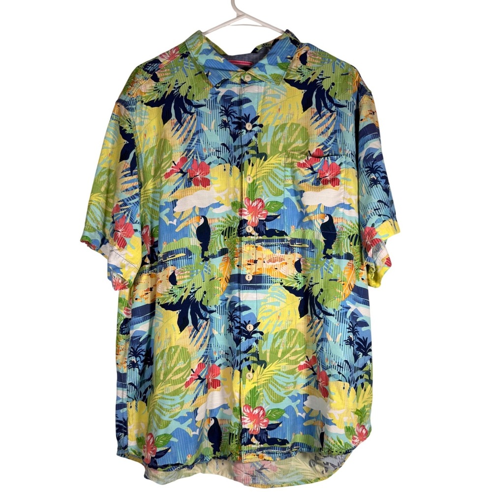 Tommy Bahama Veracruz Cay Toucan Tropical Print Viscose Shirt XL Blue Yellow